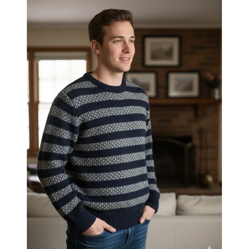 J.Crew Men’s Large 100% Lambswool Crewneck Sweater Horizontal Stripes Navy Gray